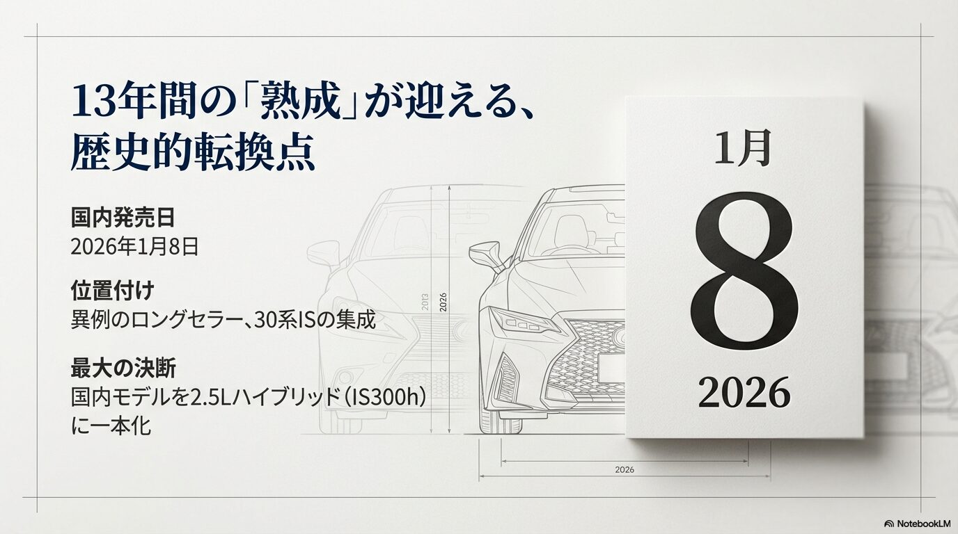 レクサスIS 2026年モデルの国内発売日が2026年1月8日であること、ハイブリッド一本化されることを示すスライド。
