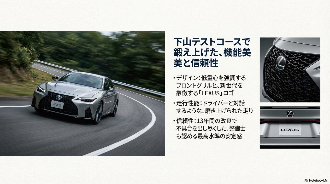 低重心フロントグリルや新ロゴを採用した外観と、下山テストコースで磨かれた走行性能、13年の熟成による信頼性を解説する画像。