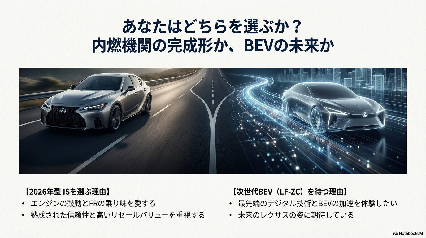 エンジンの鼓動を愛するIS派と、最先端デジタル技術を求める次世代BEV派、それぞれの選ぶ理由を対比させたスライド。