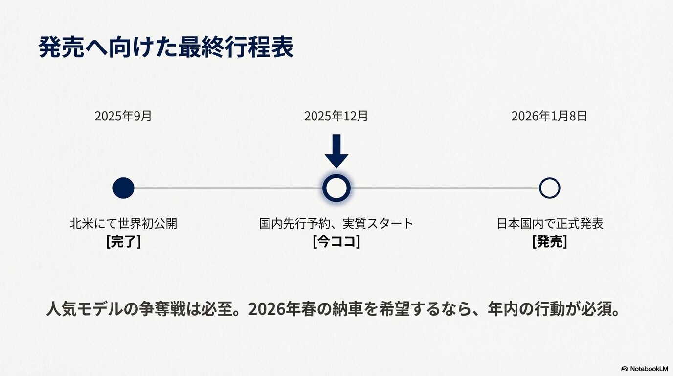 2025年9月の世界初公開から2026年1月8日の国内発売までの詳細なスケジュール表。