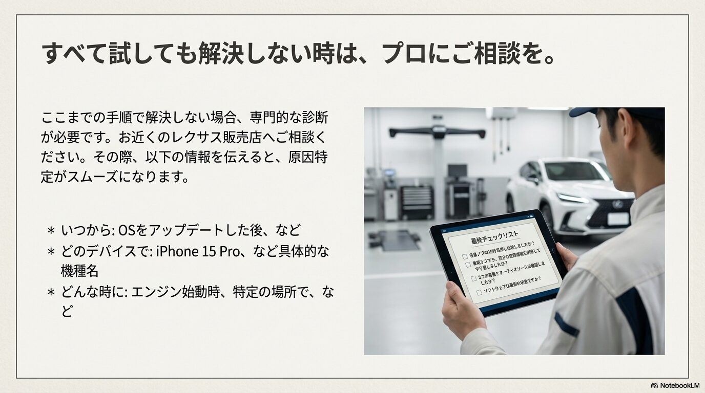 整備士がタブレットでチェックリストを確認している様子と、相談時に伝えるべき情報のまとめ。