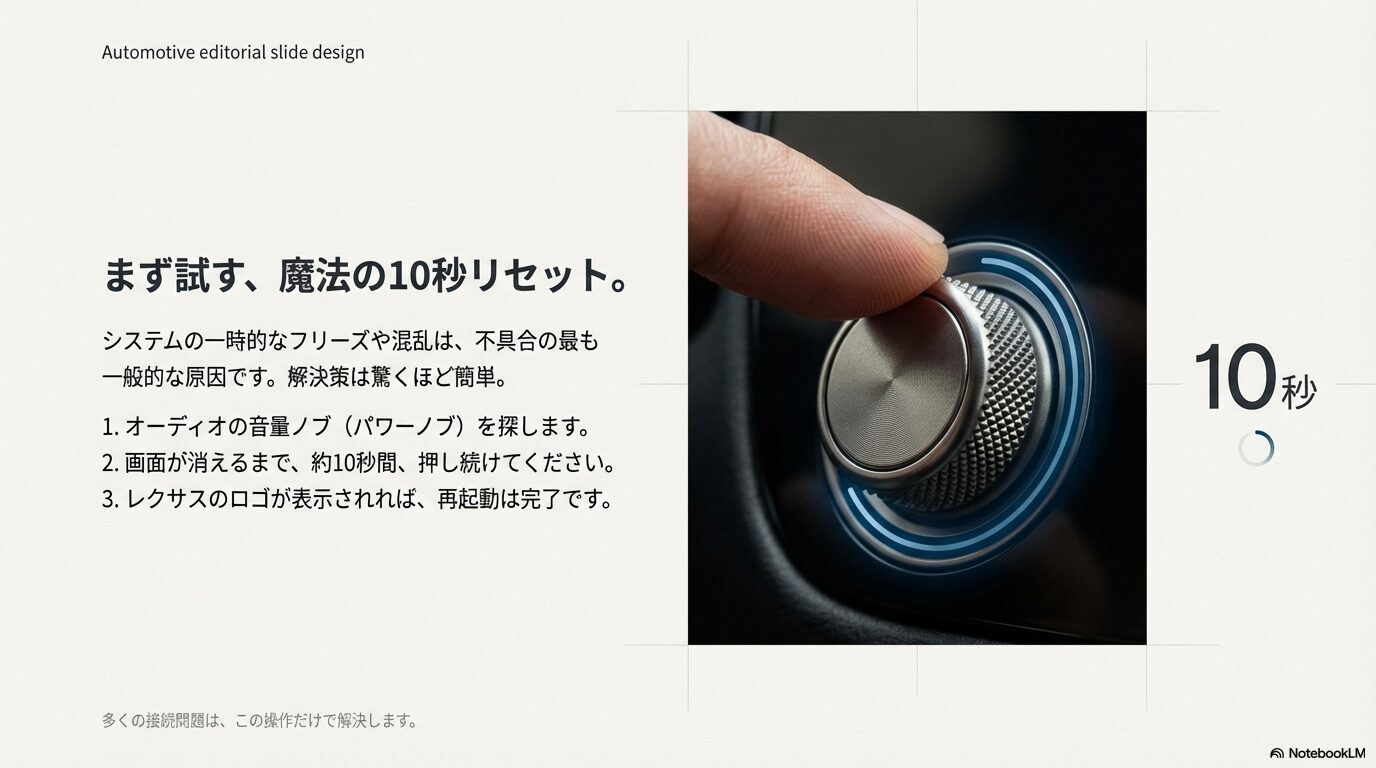オーディオのパワーノブを10秒間長押しして、レクサスのマルチメディアシステムを再起動する手順の解説。