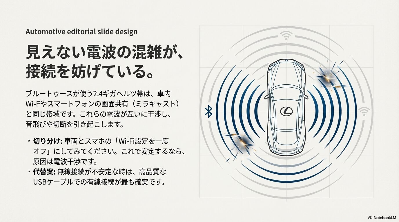 レクサスの車両を中心に、Bluetooth、Wi-Fi、ミラキャストの電波が互いに干渉しているイメージ図。