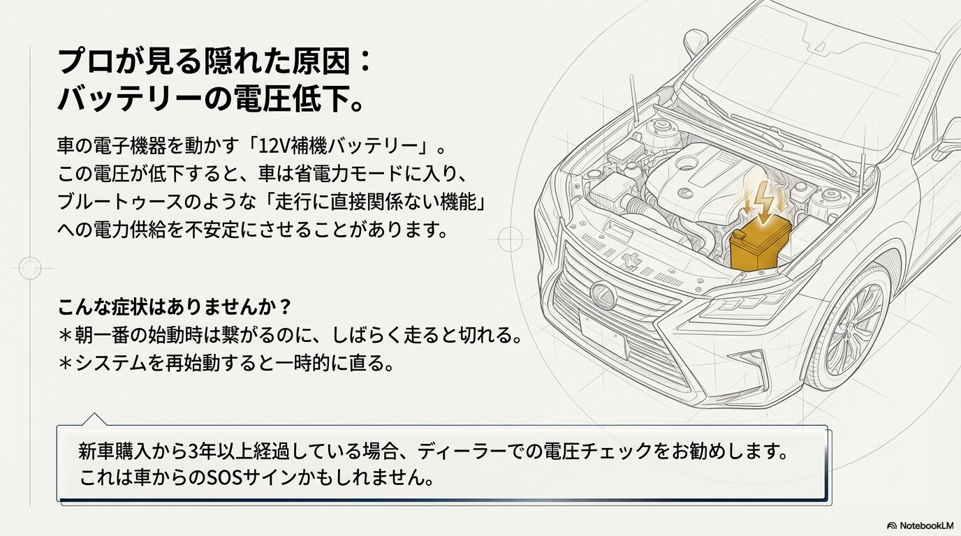 12V補機バッテリーの電圧低下が原因でBluetooth接続が不安定になる症状を解説したテキストスライド。