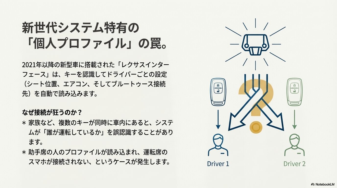 複数のドライバーとキーが存在する場合に、システムがどのスマートフォンを接続すべきか混乱している様子を示す図解。