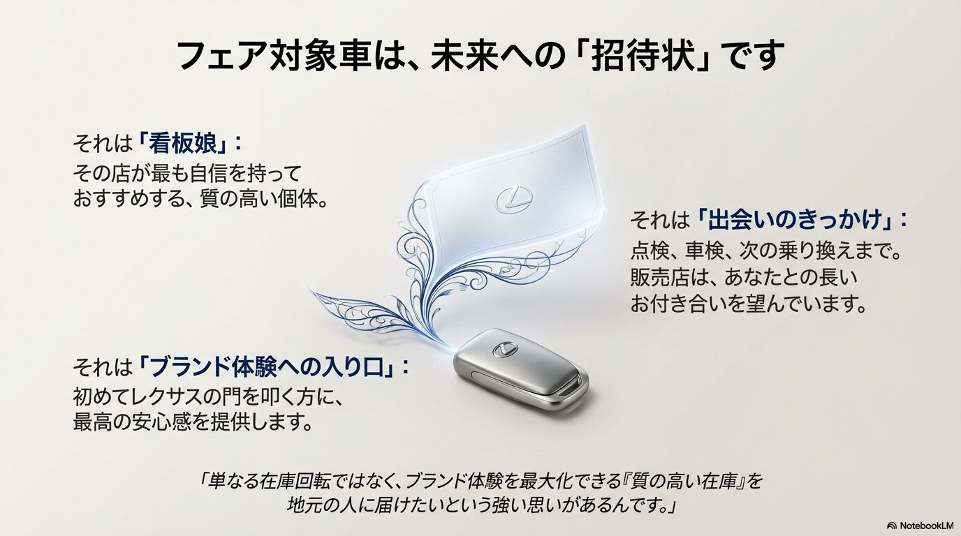 レクサスのスマートキーから光が伸びるイメージ画像。フェア対象車が良質な在庫であることを示す。