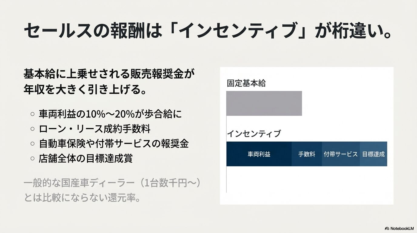 セールスコンサルタントの報酬体系とインセンティブの内訳グラフ