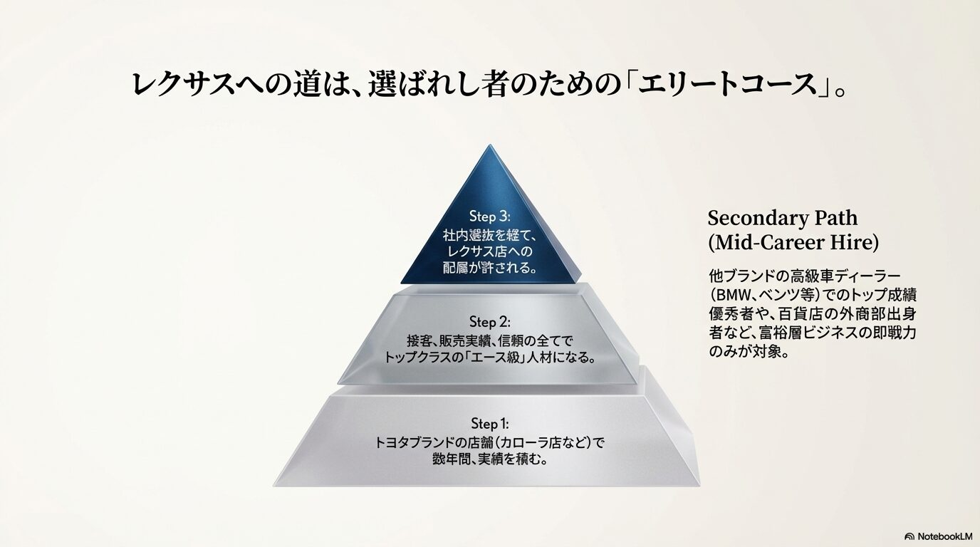トヨタ店からの選抜や中途採用を含むレクサス店配属へのキャリアパス