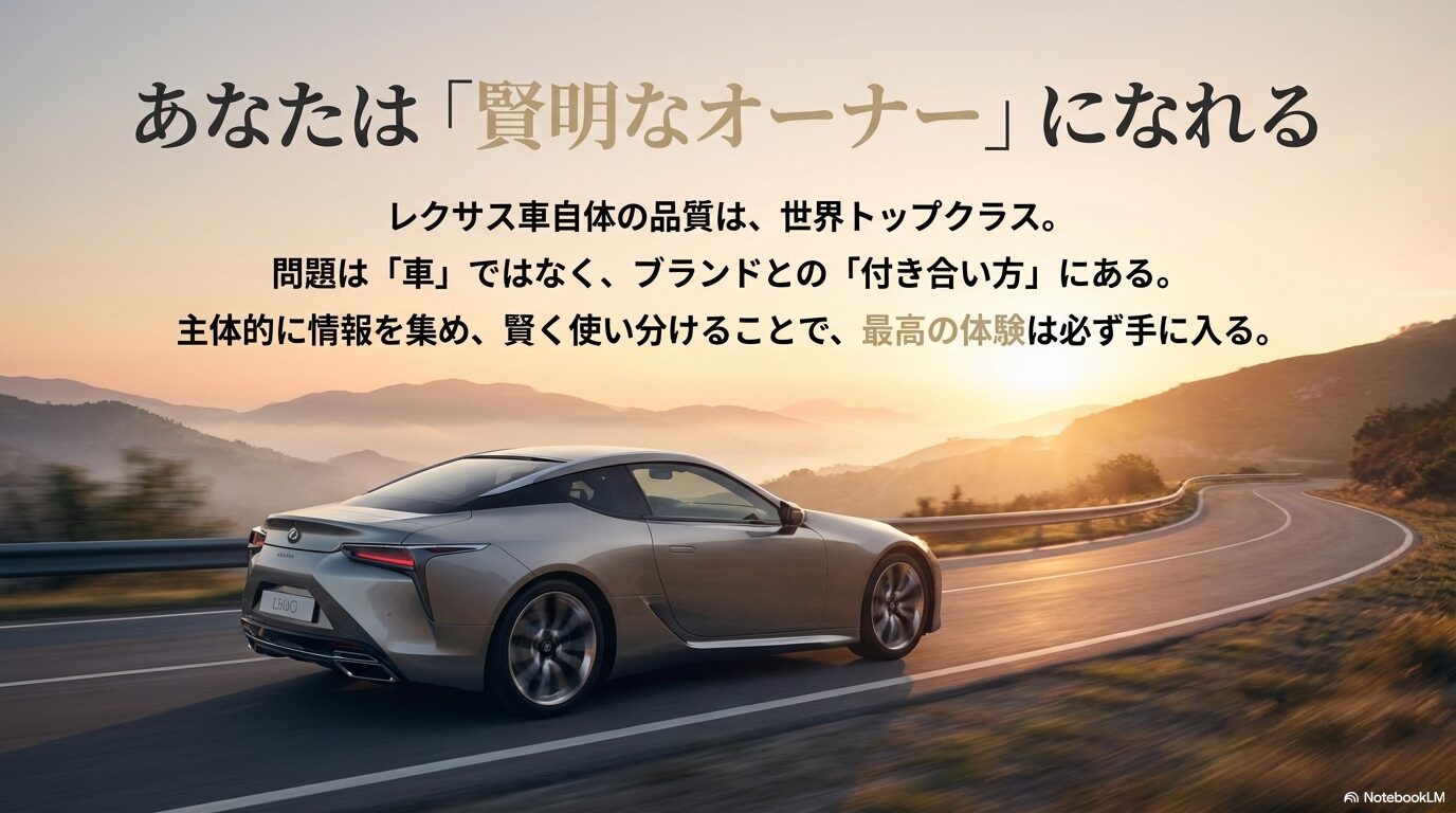車自体の品質は世界トップクラスであり、主体的に情報を集めて賢く付き合うことで最高体験が得られることを伝えるメッセージ