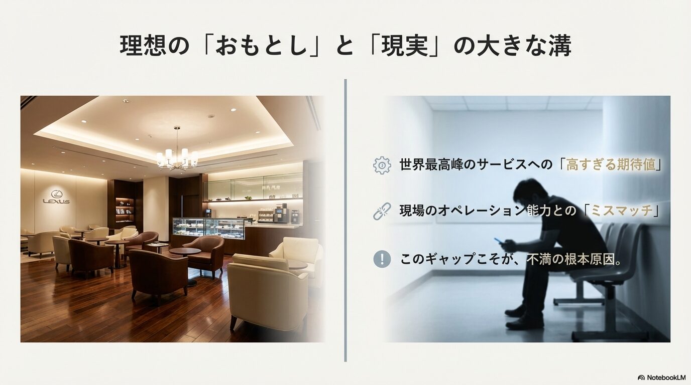 レクサスの理想の「おもてなし」と、高すぎる期待値・現場のミスマッチという不満の根本原因を解説するスライド