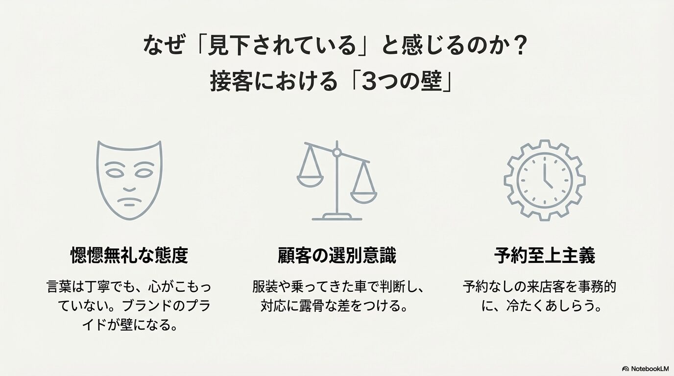 レクサスの接客で「見下されている」と感じる原因として、無礼な態度・顧客の選別意識・予約至上主義の3点を挙げた資料