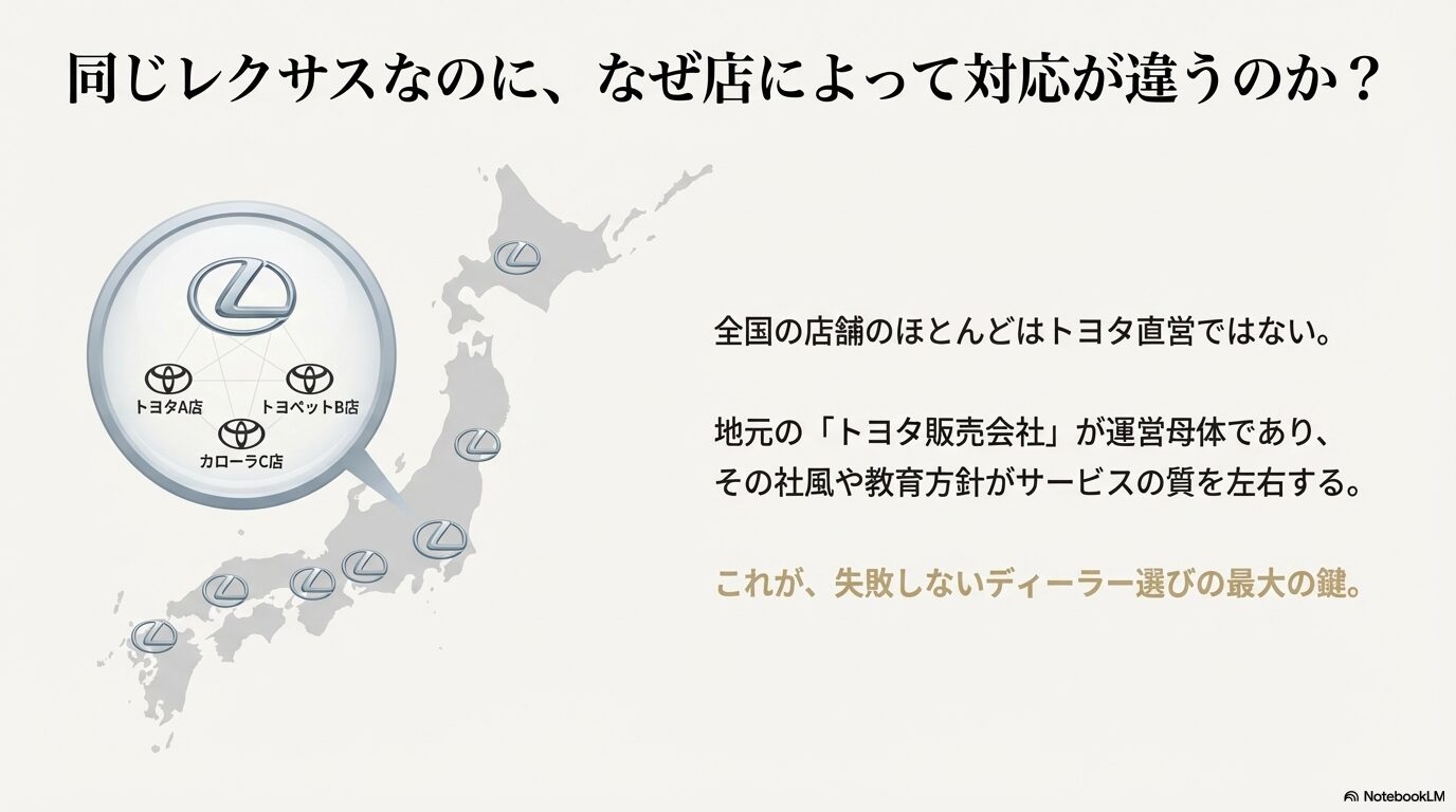 レクサス店舗の多くはトヨタ直営ではなく地元の販売会社が運営しており、社風や教育方針がサービスの質を左右することを示す資料