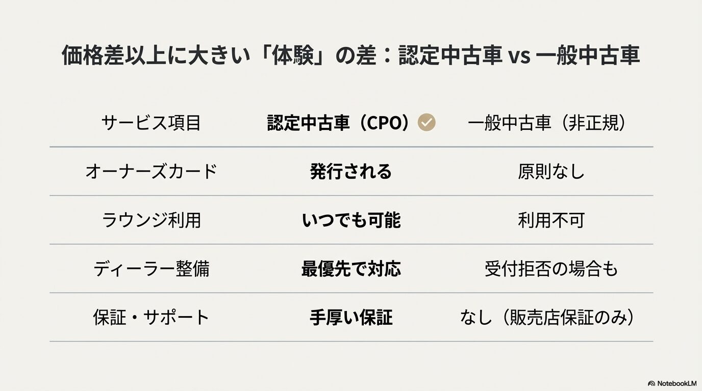 認定中古車(CPO)と一般中古車のオーナーズカード発行、ラウンジ利用、整備対応、保証サポートの比較表
