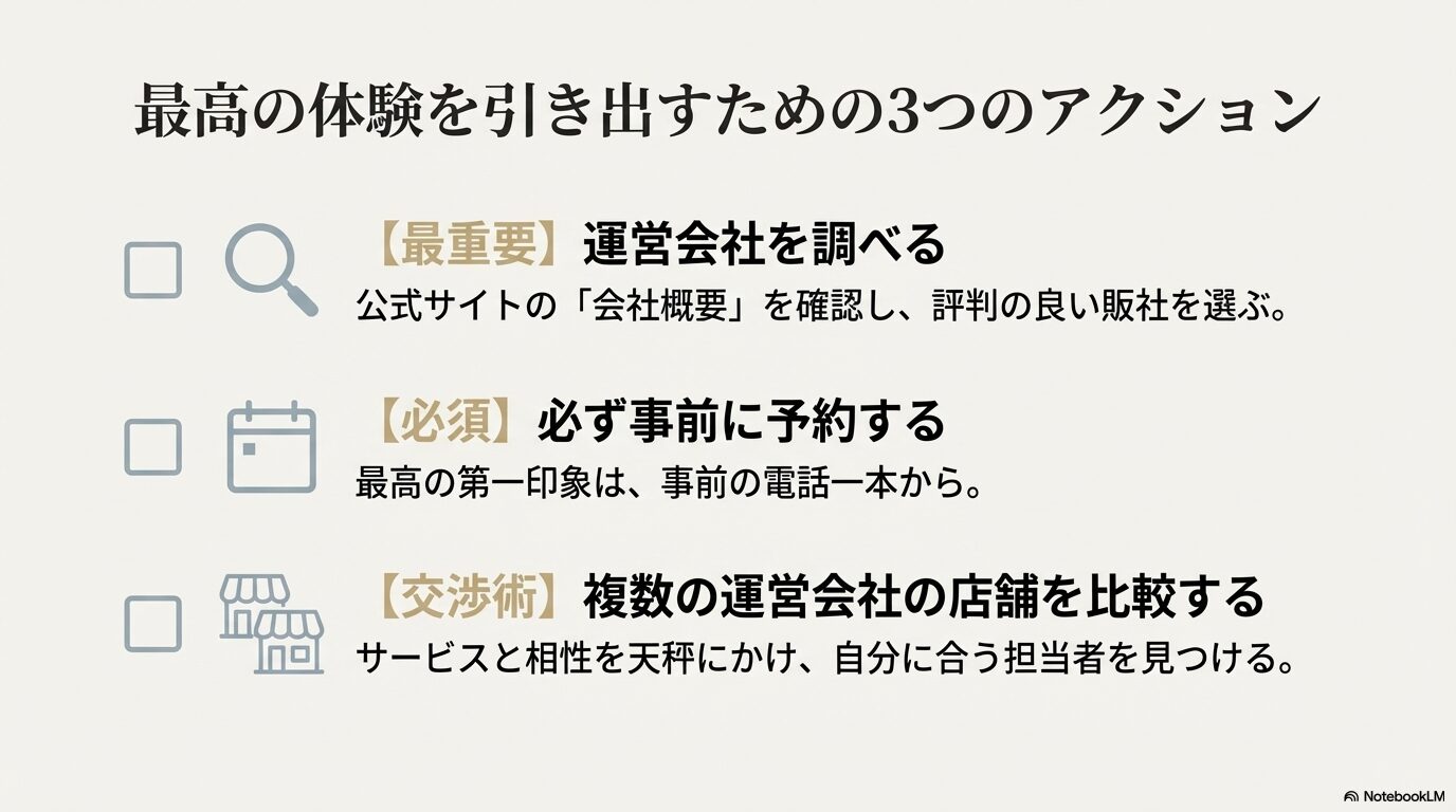 運営会社を調べる、必ず予約する、複数の店舗を比較するという、レクサスオーナーがとるべき3つの重要アクション