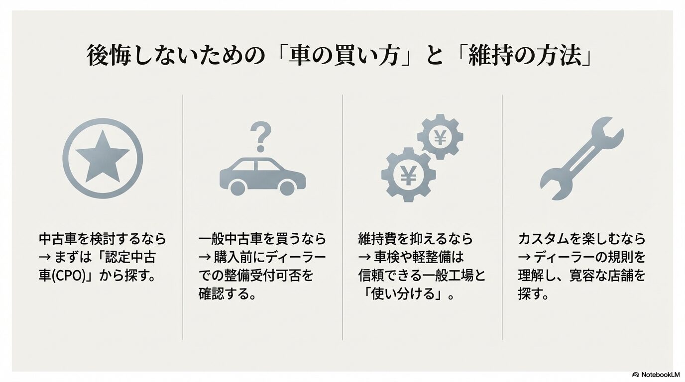 認定中古車の検討、一般工場との使い分け、カスタムに寛容な店舗探しなど、後悔しないための維持・購入のポイント