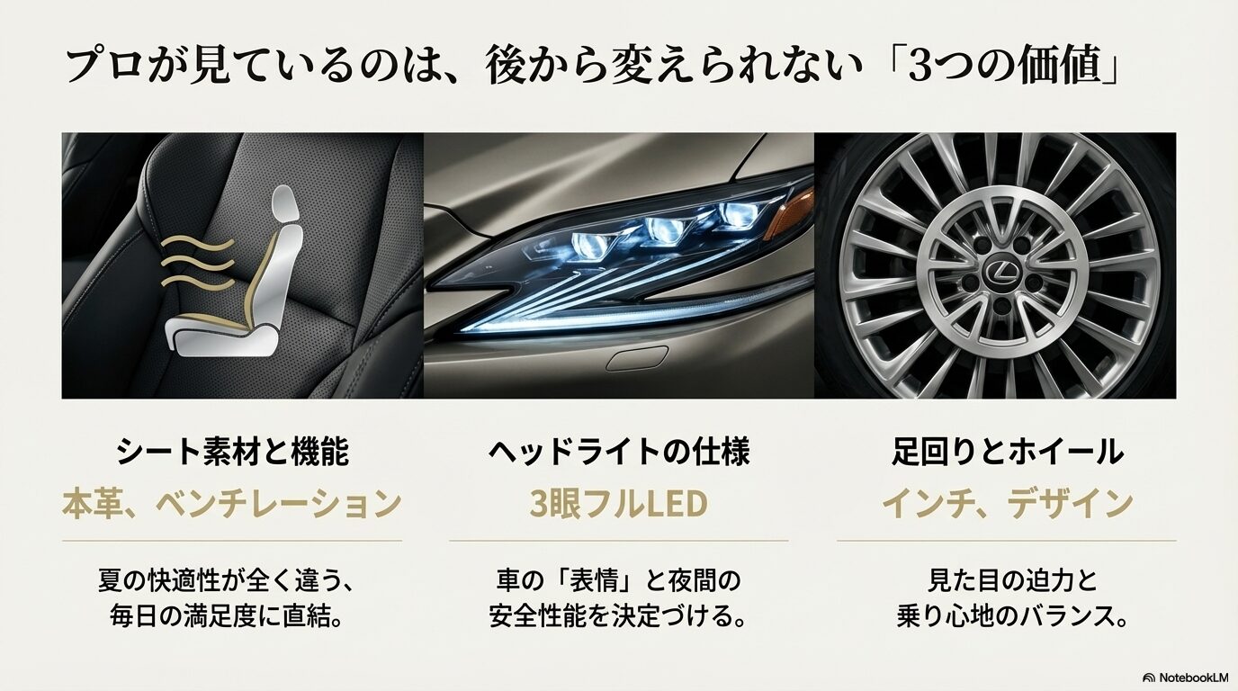 整備士が重視するレクサスのグレード装備差:シート素材・ヘッドライト・ホイール