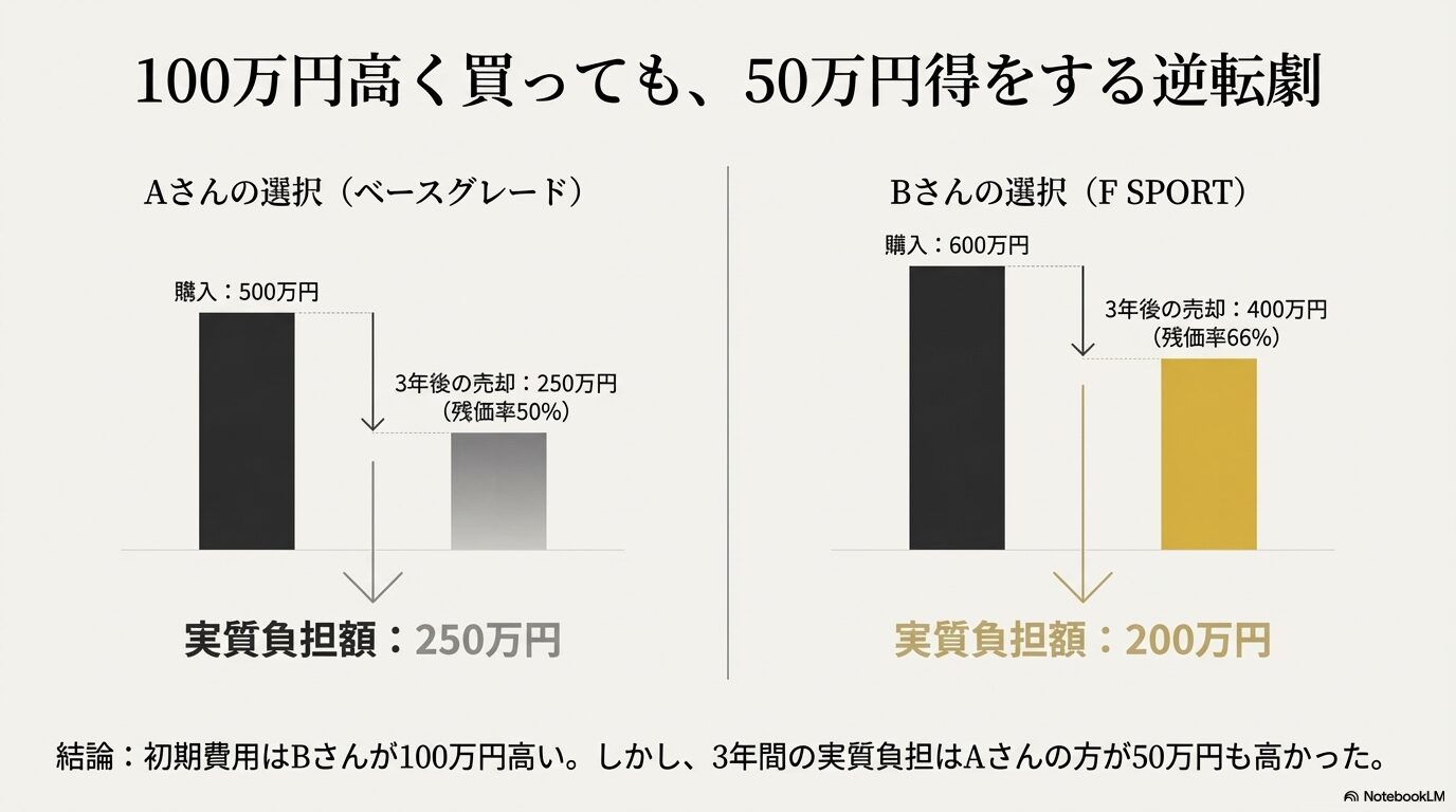 レクサスのリセールバリュー比較シミュレーション:ベースグレードとF SPORTの実質負担額の差