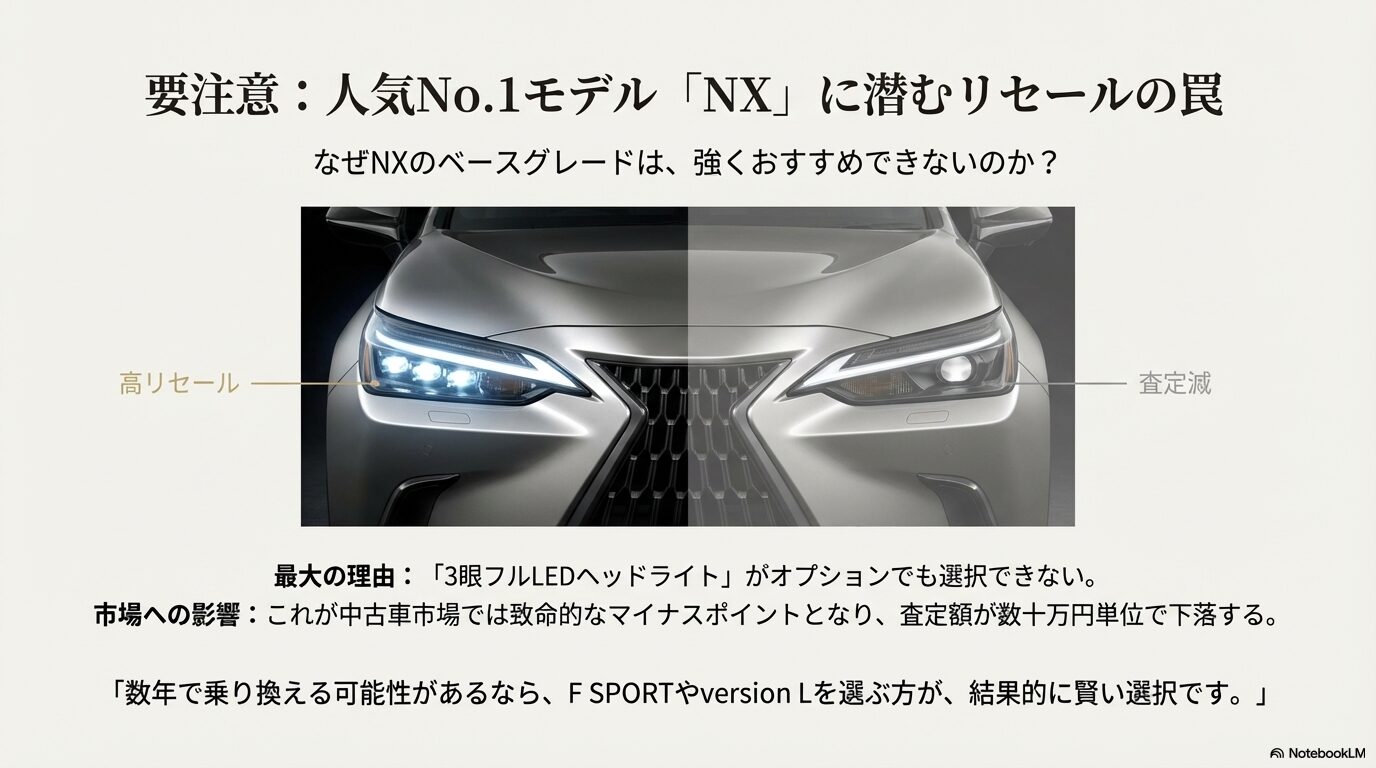 レクサスNXベースグレードの注意点:3眼フルLEDヘッドライトが選択不可によるリセールへの影響