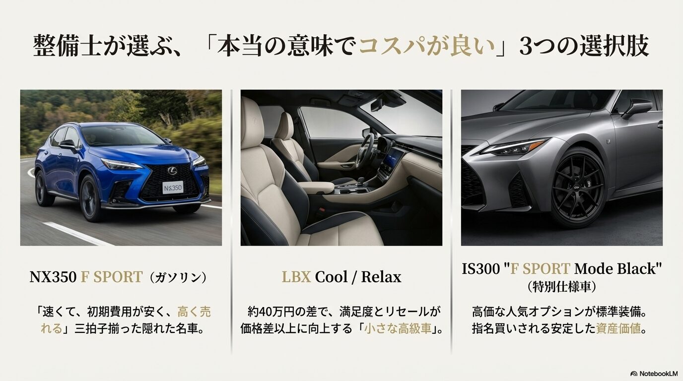 整備士が選ぶコスパ最強のレクサスおすすめグレード3選:NX350・LBX・IS特別仕様車