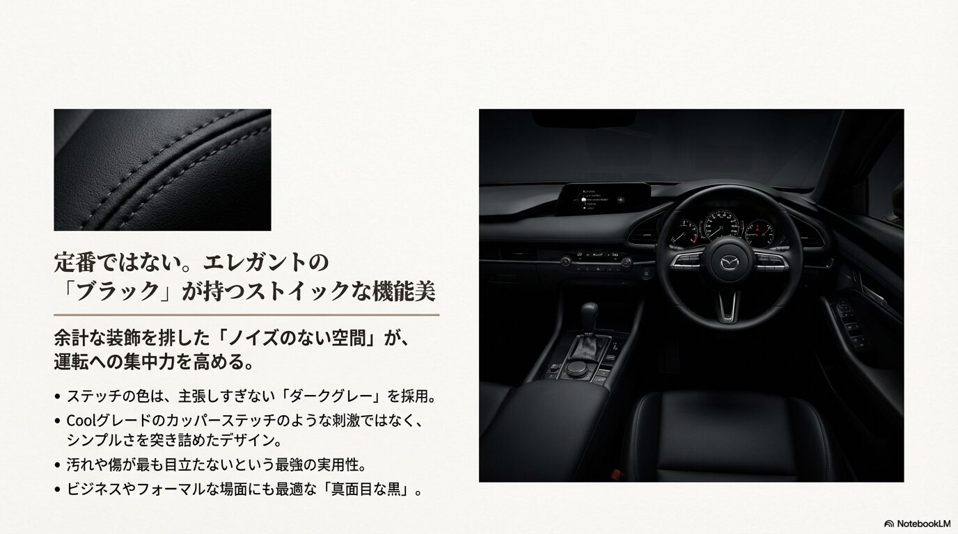 LBXエレガントのブラック内装が持つストイックな機能美とダークグレーステッチ
