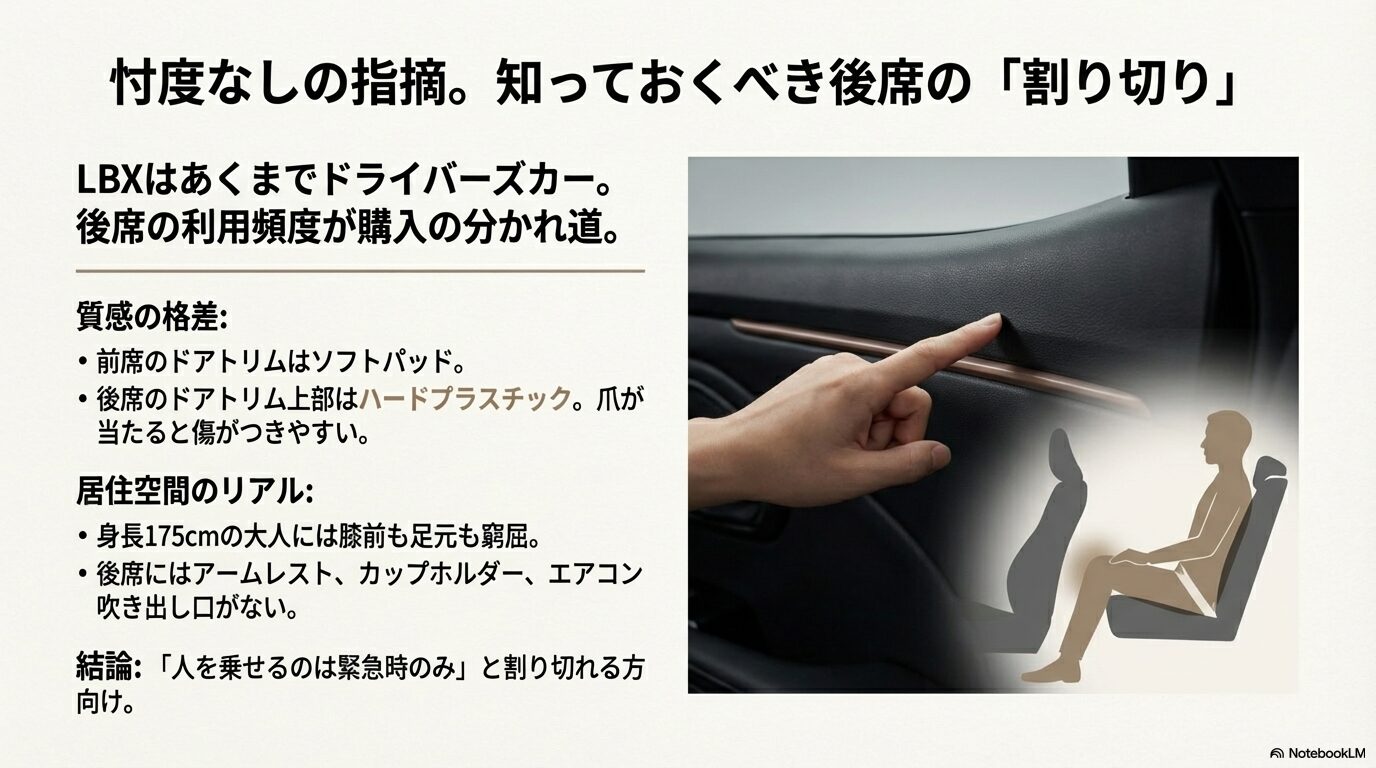 LBX後席ドアトリムのハードプラスチック質感と居住空間の狭さについて