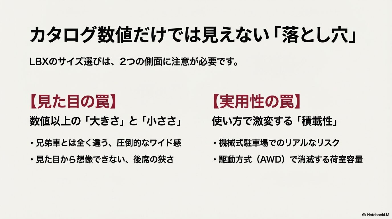 レクサスLBXのサイズ選びで注意すべき見た目の罠と実用性の罠の解説図