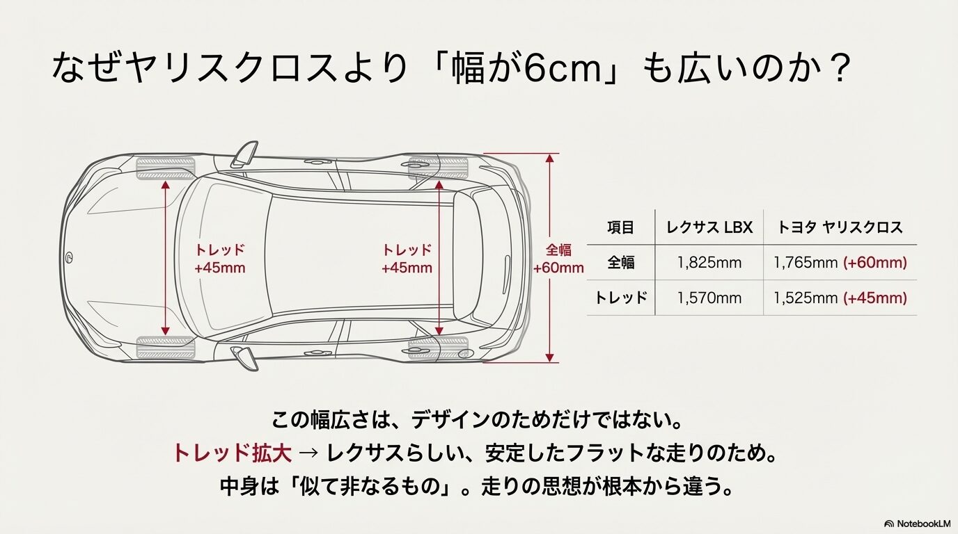 レクサスLBXとトヨタヤリスクロスの全幅・トレッド・ホイールベースの数値比較と走行性能への影響