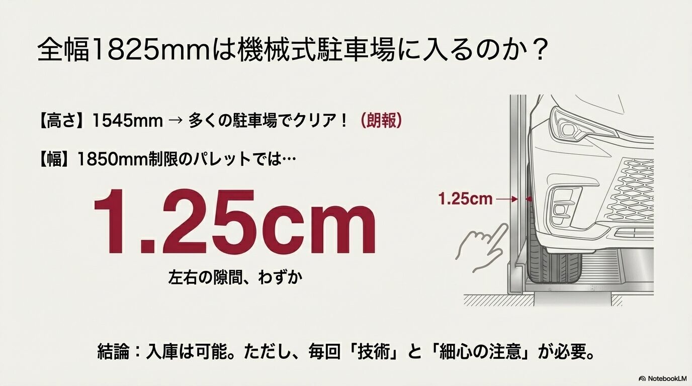 レクサスLBXを全幅1850mm制限の機械式駐車場に入庫する際の左右1.25cmのクリアランスイメージ


