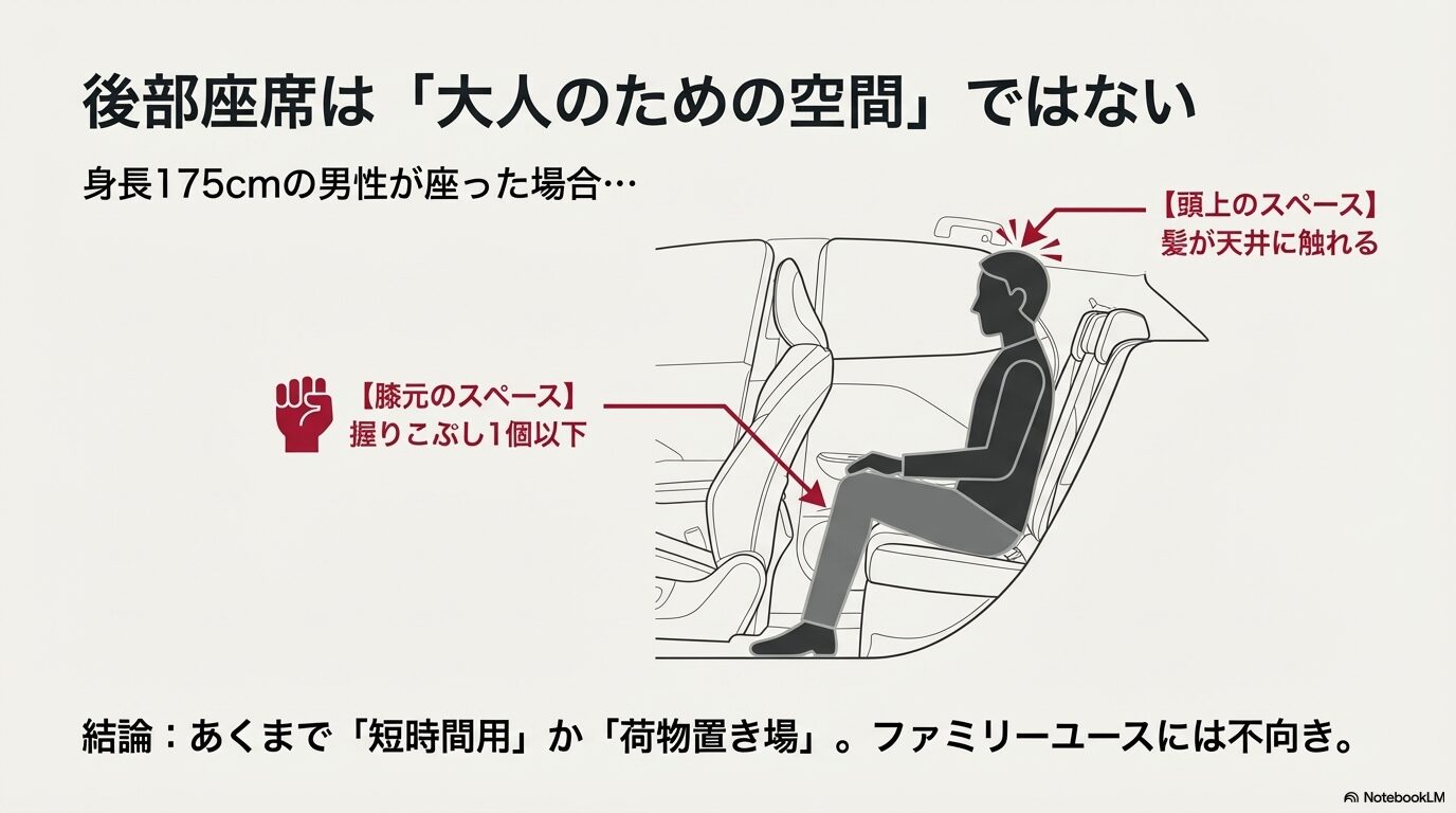 レクサスLBXの後席における大人の膝前スペースと頭上スペースの狭さを図解したイラスト