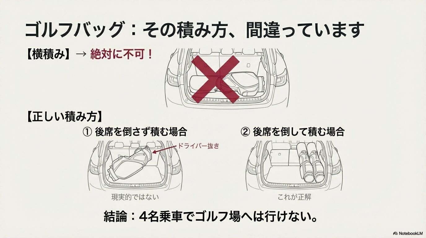 レクサスLBXの荷室におけるゴルフバッグの横積みNG例と後席を倒した縦積みの正解例