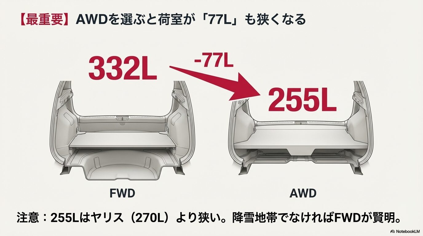 レクサスLBXのFWDモデル(332L)とAWDモデル(255L)の荷室断面図と比較による77Lの容量差