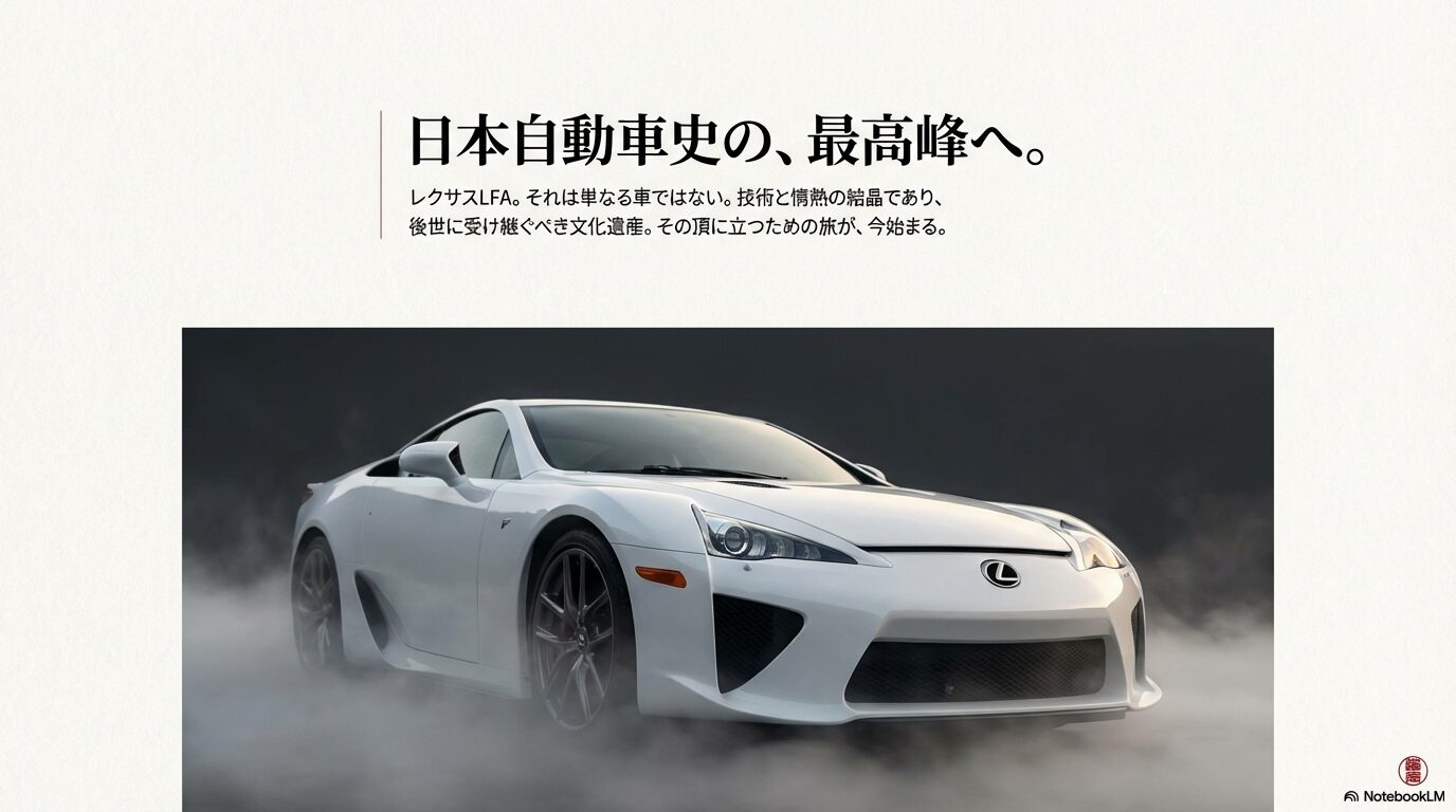霧の中に佇む白いレクサスLFAのフロントビューと日本自動車史の最高峰というキャッチコピー