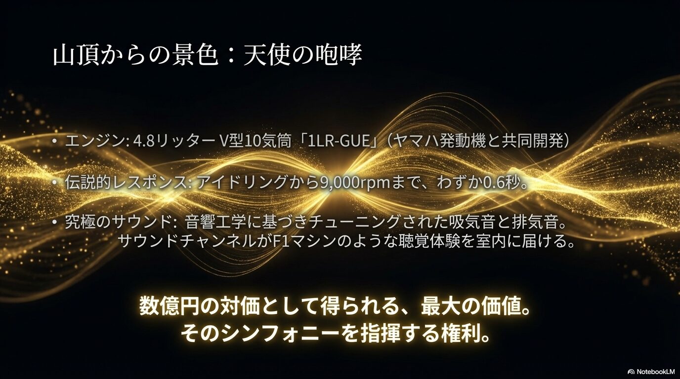 ヤマハ発動機と共同開発されたV10エンジンの解説と天使の咆哮について