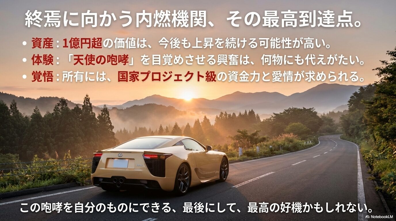 資産・体験・覚悟の3点からまとめた、レクサスLFAを所有するための最終結論スライド