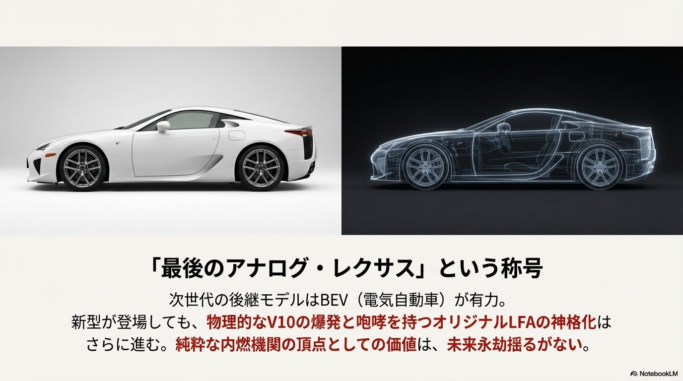 次世代BEVスポーツカーの登場により、内燃機関の頂点として神格化されるオリジナルLFAの資産価値予測
