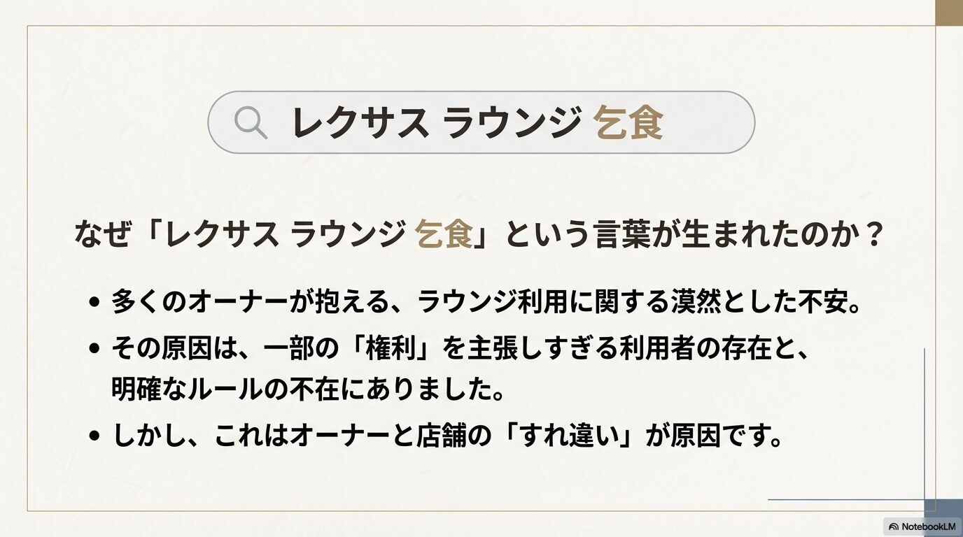 「ラウンジ乞食」という言葉が生まれた背景。オーナーと店舗のルールの不在やすれ違いについての解説スライド。