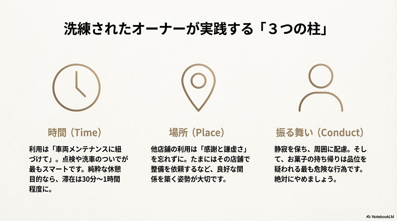 ラウンジ利用の時間・場所・振る舞いの3つのポイント。滞在時間の目安や他店舗利用の心構えについてのまとめ。