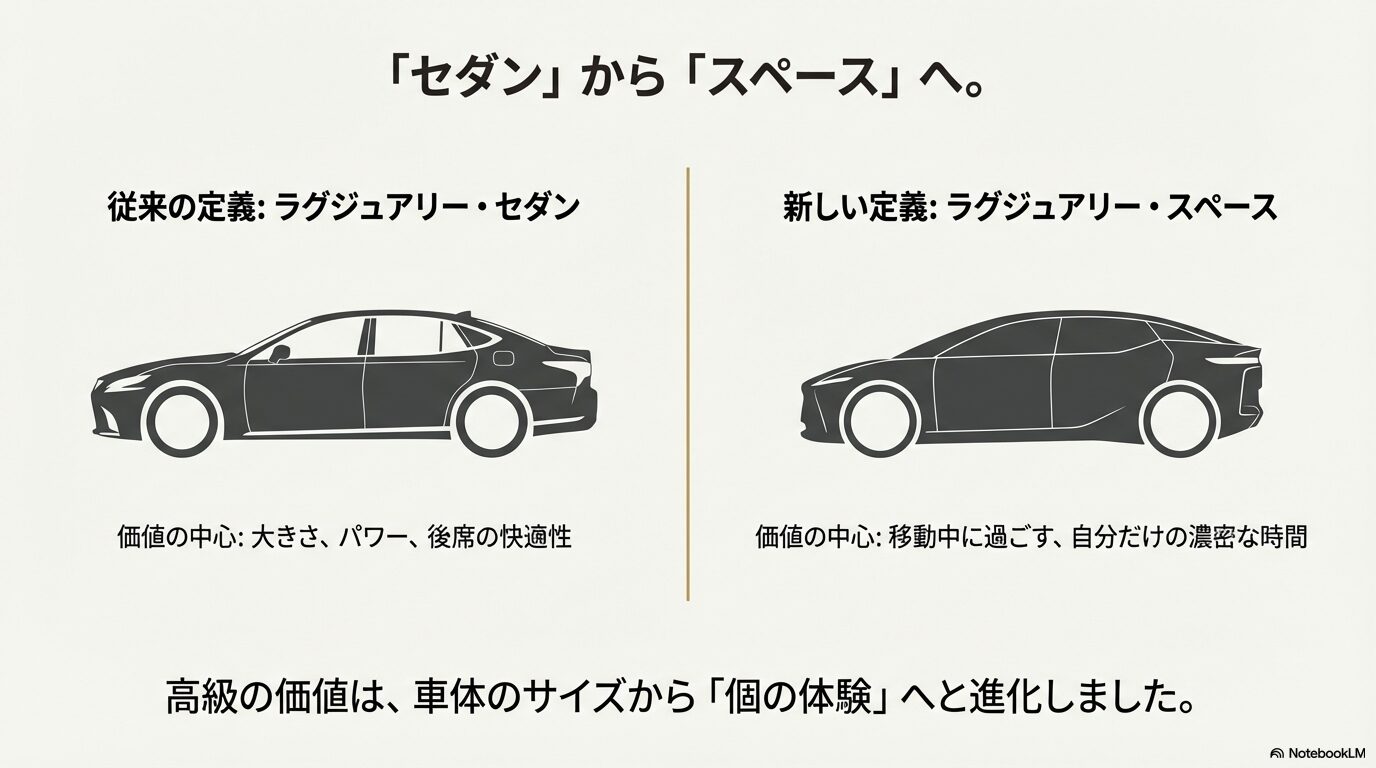 従来のラグジュアリーセダンと、新しい定義であるラグジュアリースパースの価値観を比較したシルエット図