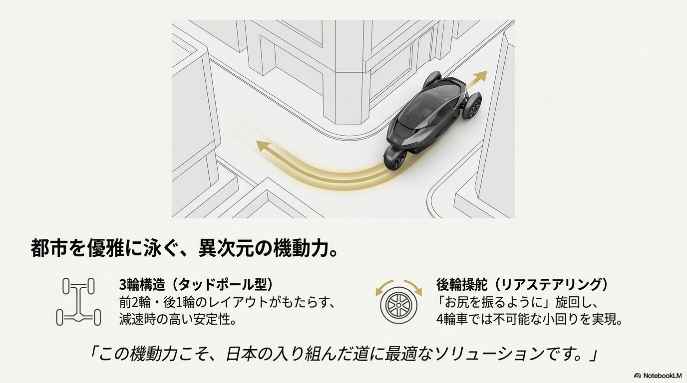 3輪構造(タッドポール型)と後輪操舵により、狭い路地を旋回するレクサスマイクロコンセプトのイラスト