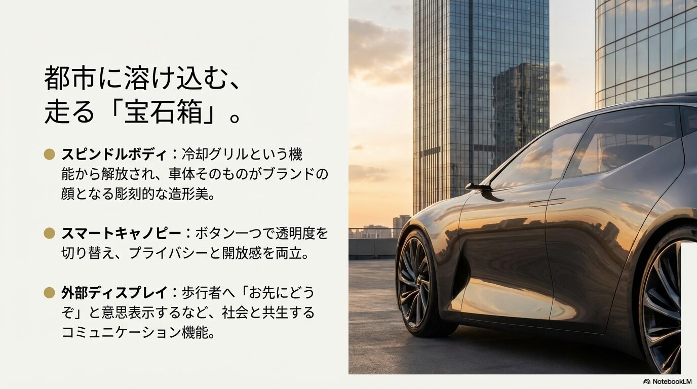 スピンドルボディとスマートキャノピーを採用した、宝石箱のようなレクサスマイクロコンセプトの外観