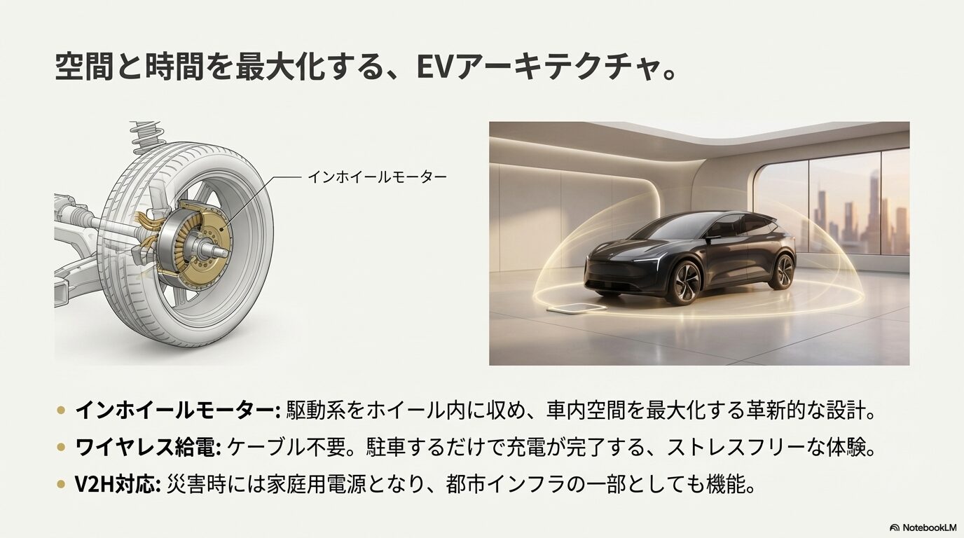 車内空間を最大化するインホイールモーターとワイヤレス給電システムの技術解説図