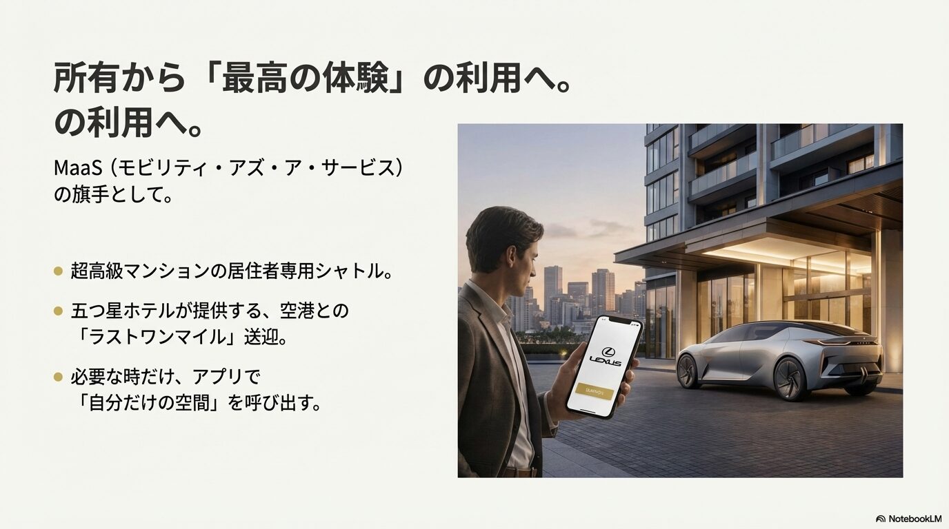 スマホアプリで呼び出し、高級マンションやホテルで専用シャトルとして利用されるイメージ