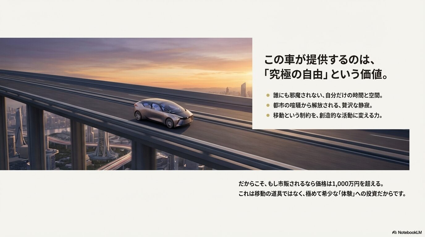 都市を走るレクサスマイクロコンセプトと、1,000万円を超える価値の根拠を示したスライド