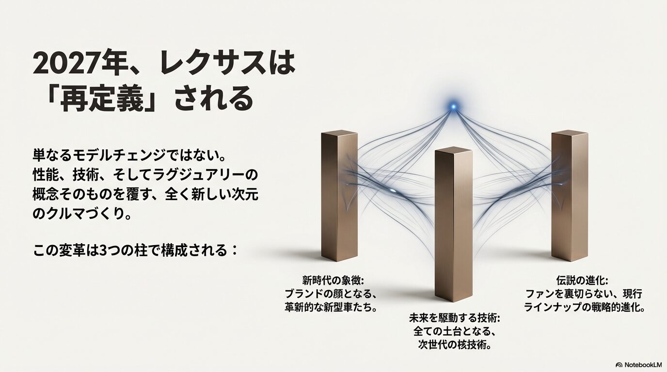 レクサスが掲げる2027年のブランド変革。「再定義」をキーワードに、性能・技術・ラグジュアリーの概念を覆す3つの構成要素（新型車、核技術、ラインナップ進化）を解説したスライド。