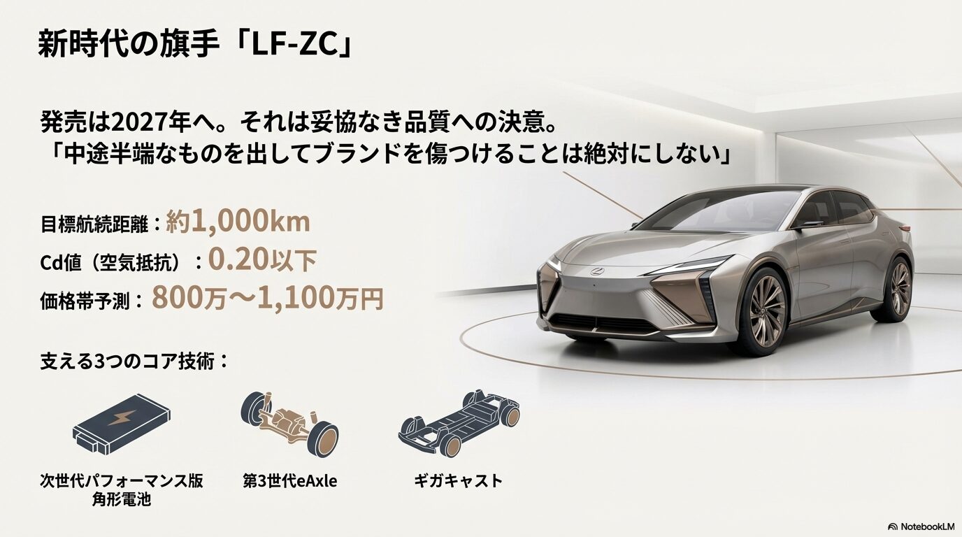 2027年発売予定のレクサスLF-ZC詳細。目標航続距離約1,000km、Cd値0.20以下、予想価格800万〜1,100万円などの主要スペックと品質へのコミットメント。