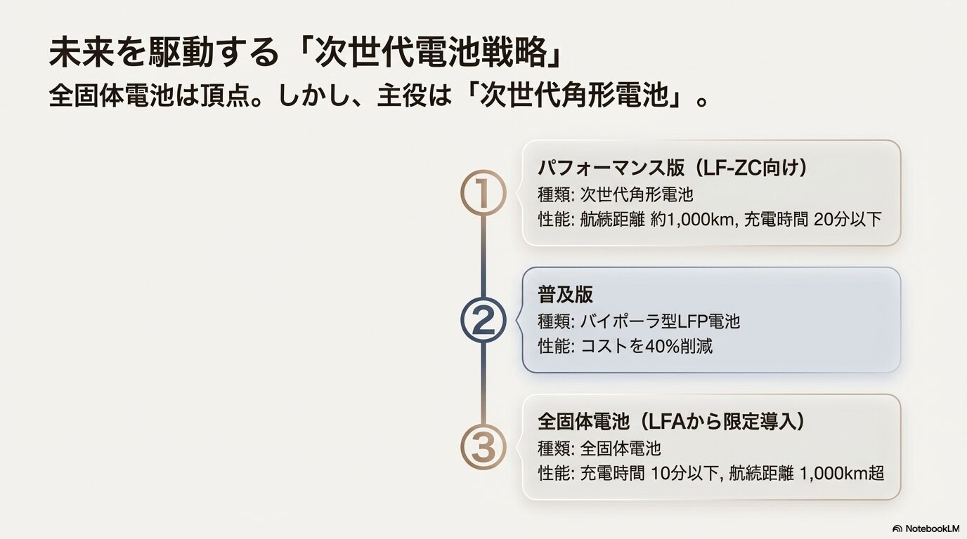 2027年以降の電池戦略図。LF-ZC向けの次世代角形電池、普及版バイポーラ型LFP電池、LFAから導入される全固体電池の性能比較と搭載モデルの分類。