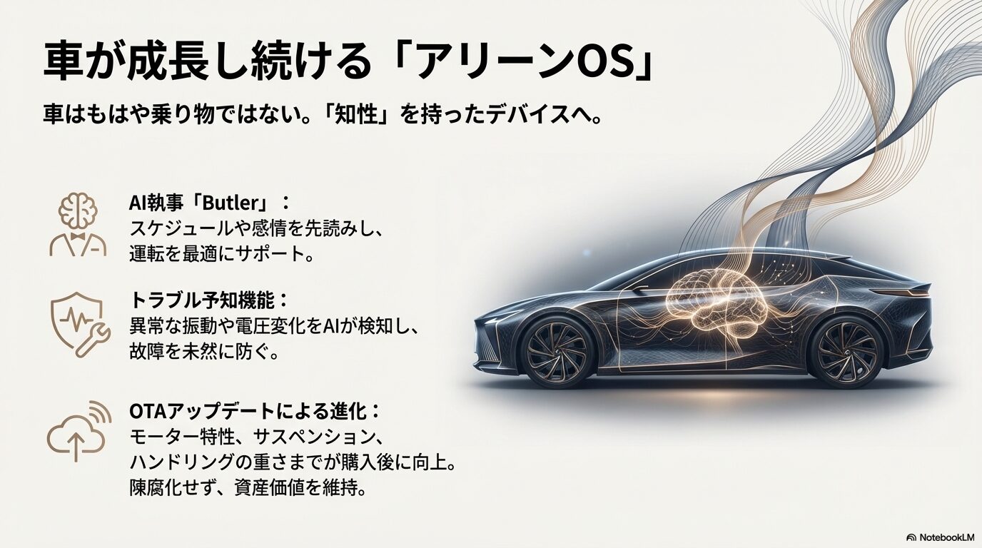 レクサスのソフトウェア戦略。AI執事「Butler」による運転サポートと、OTAアップデートによるサスペンションやハンドリング特性の進化についての解説。