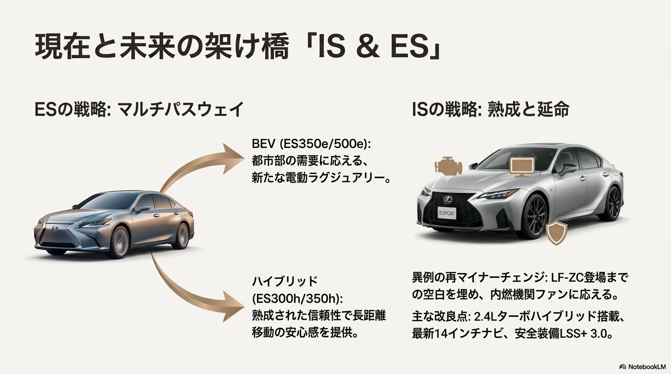: レクサスESのBEV・HVマルチ展開と、ISの異例の再マイナーチェンジによる延命措置、2.4LターボHV搭載などの改良点を解説したスライド。