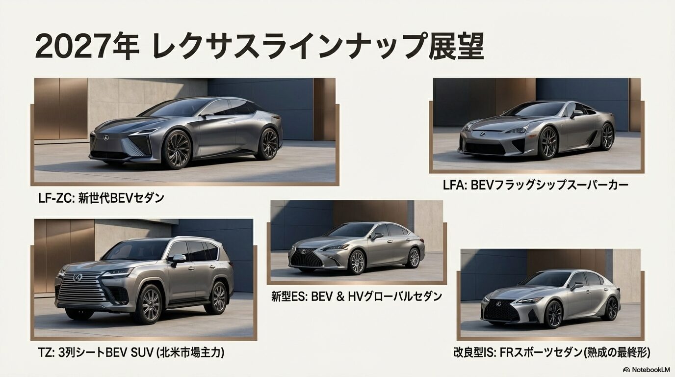 2027年のレクサス主要モデル（LF-ZC, TZ, ES, LFA, IS）の画像一覧。北米主力のTZやグローバルセダンESなど、各モデルの市場ポジショニング。