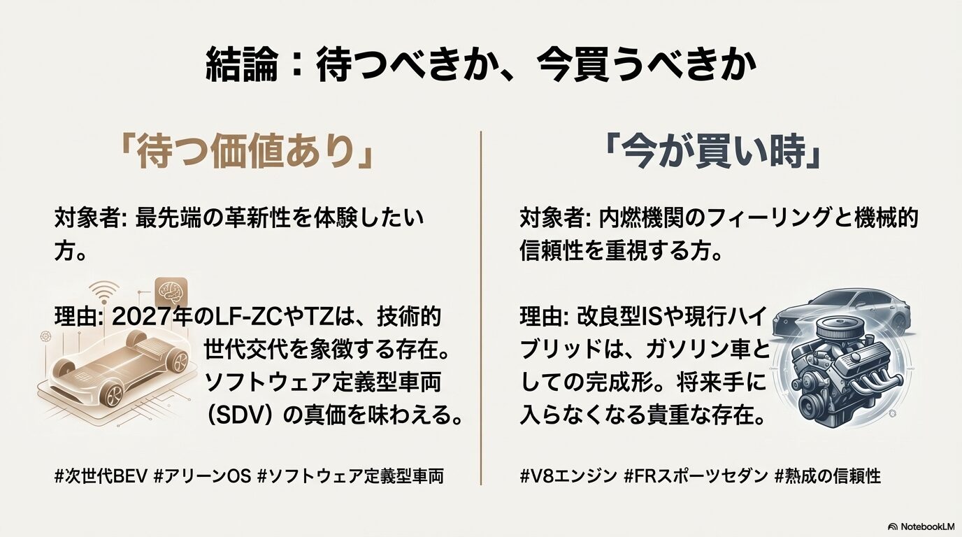 レクサス新型を待つべき人と今買うべき人の判断基準チャート。技術革新（SDV/BEV）を求める層と、熟成された内燃機関（V8/FR）を好む層へのそれぞれの推奨理由。
